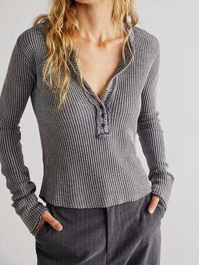 Free People FP One Colt Cotton Thermal Long Sleeved Top in Charcoal Grey, size S